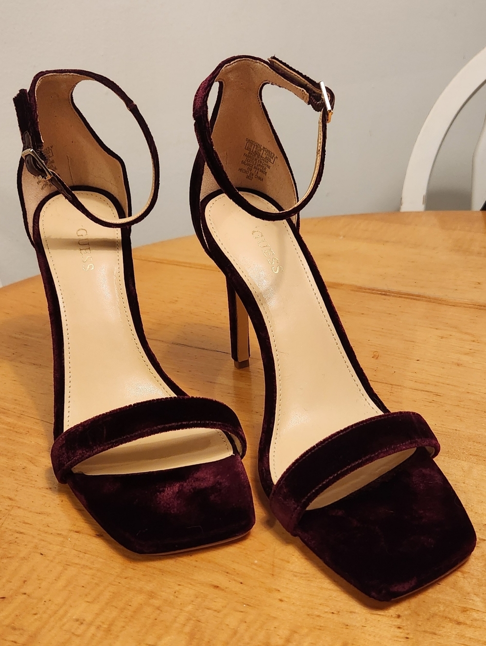 Guess Velvet Ankle-Strap Stiletto Sandals - Burgundy